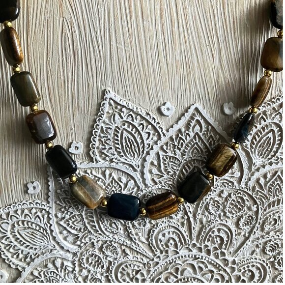 Polished Tiger’s Eye Jasper Signed Stauer Collar Statement Necklace Boho 17-19” - Picture 3 of 7